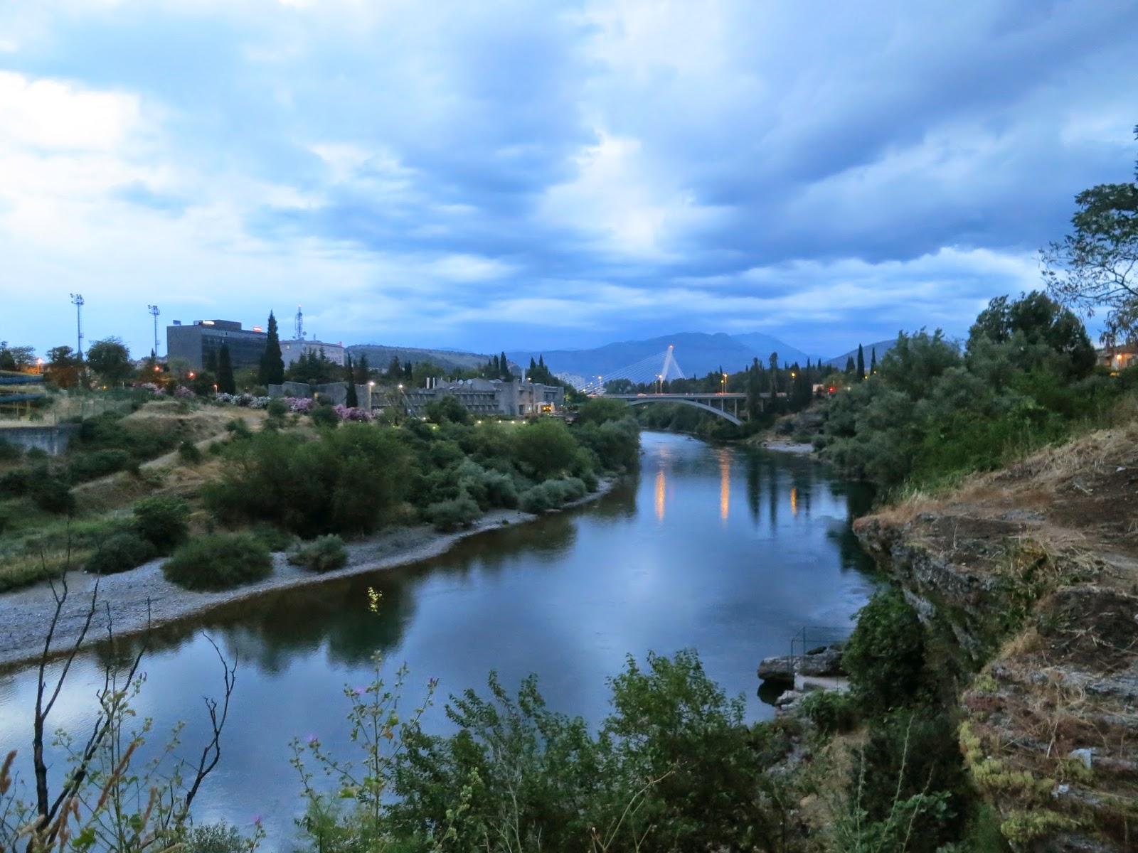 Distant view of the Millennium Bridge spanning the Moraca River in Podgorica, Montenegro